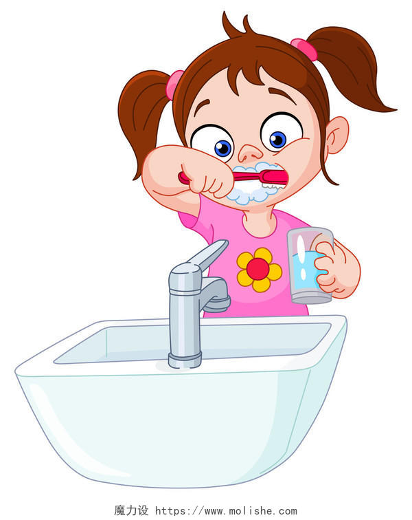 年轻的女孩刷牙的插画